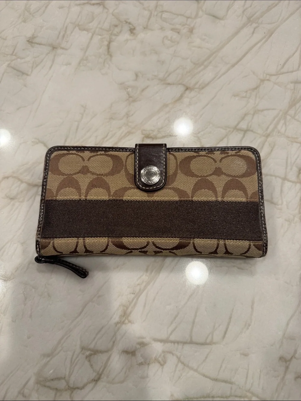 Coach Brown Signature Canvas Zip Wallet with Dark Brown Stripe